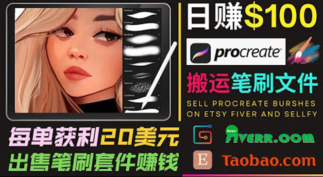 搬运出售Procreate笔刷文件赚钱，每单20美元，轻松日赚100美元-收集菌资源站